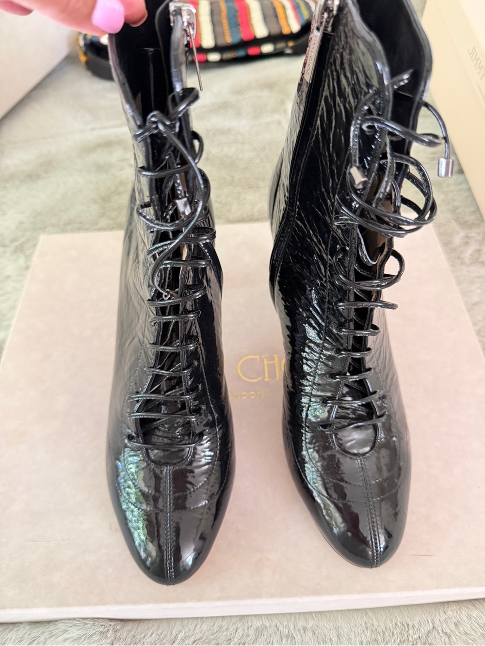 Jimmy Choo Black Patent Lace-Up Ankle Boots. Box and dust bag included